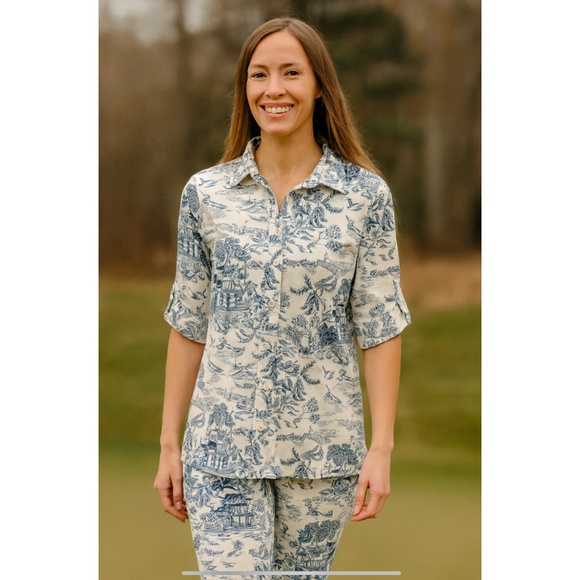 J MCLAUGHLIN CORNELIA SHIRT BUTTON CATALINA CLOTH ASIAN PRINT TRAVEL FRIENDLY M - Picture 1 of 13